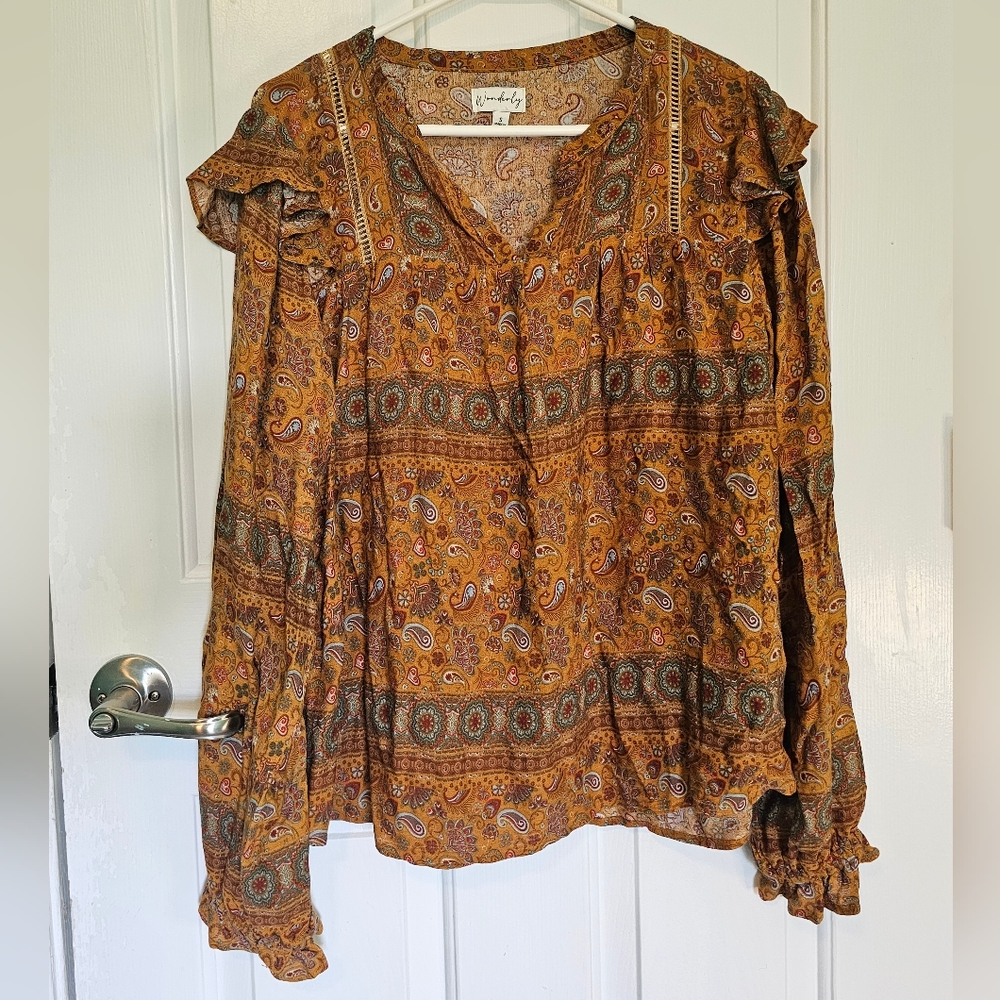 Wonderly Mustard Yellow Paisley Print Peasant Top Women's Sz S